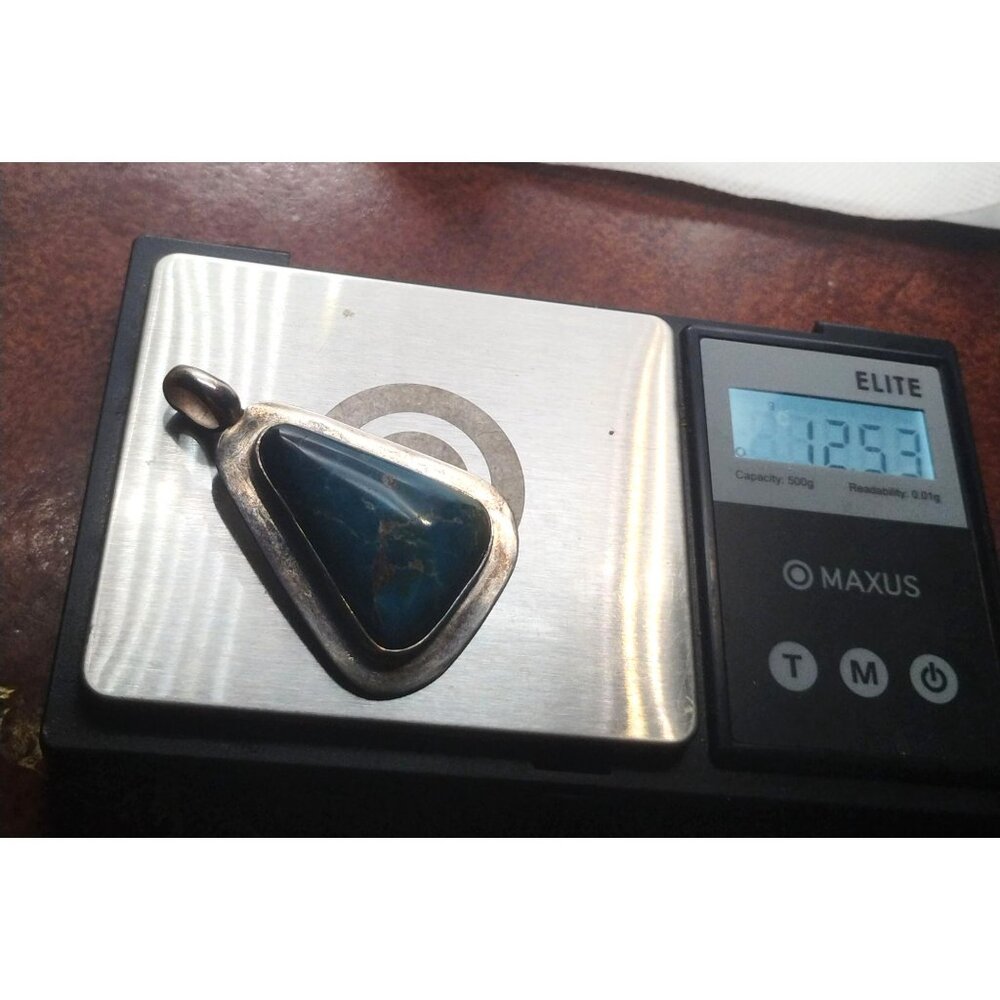 Stunning 950 Silver Blue Green Matrix Turquoise Pendant Triangle Shaped - Picture 8 of 10